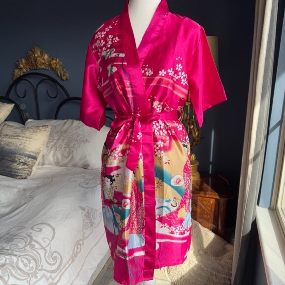 Fuchsia Cherry Blossom Silk Blend Robe and Nightie - Picture 1 of 15